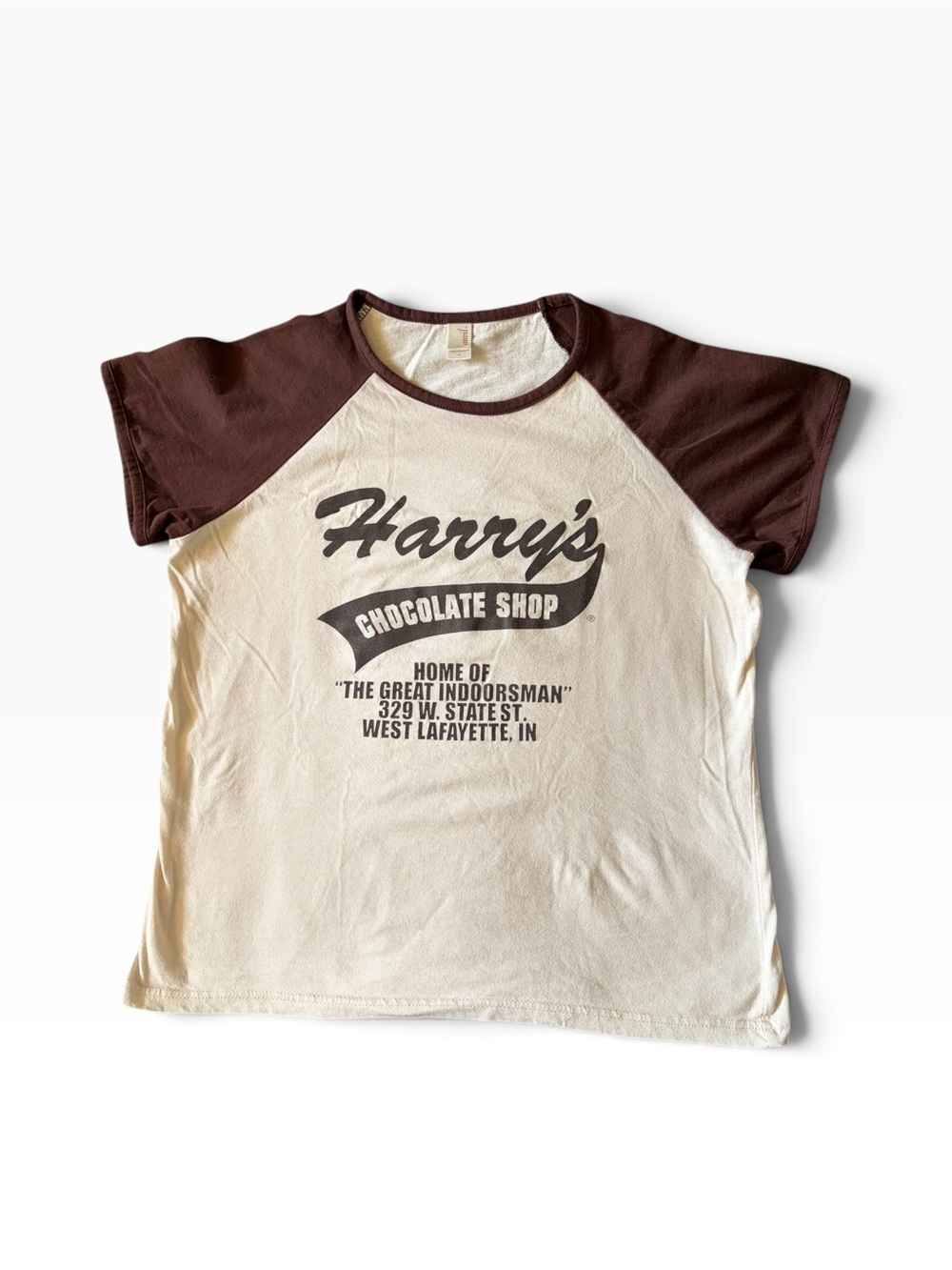 Vintage Harry’s Chocolate Shop babydoll ringer tee in cream and brown
